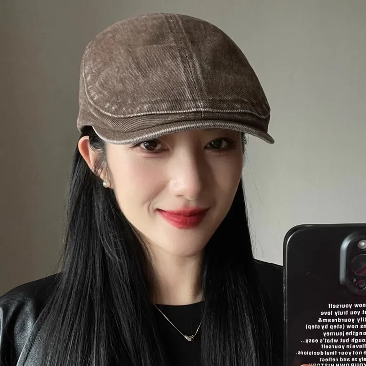 美式复古咖啡色做旧水洗牛仔前进帽子女辣妹鸭舌贝雷帽报童画家帽