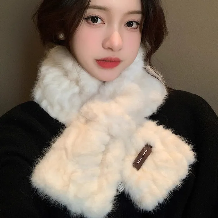 高级感仿水貂毛毛围巾女冬季韩版百搭交叉毛领加厚保暖毛绒围脖潮