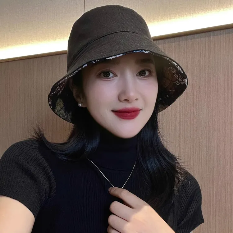 双面戴渔夫帽子女士文艺印花布帽休闲百搭平顶遮脸盆帽凉帽遮阳帽