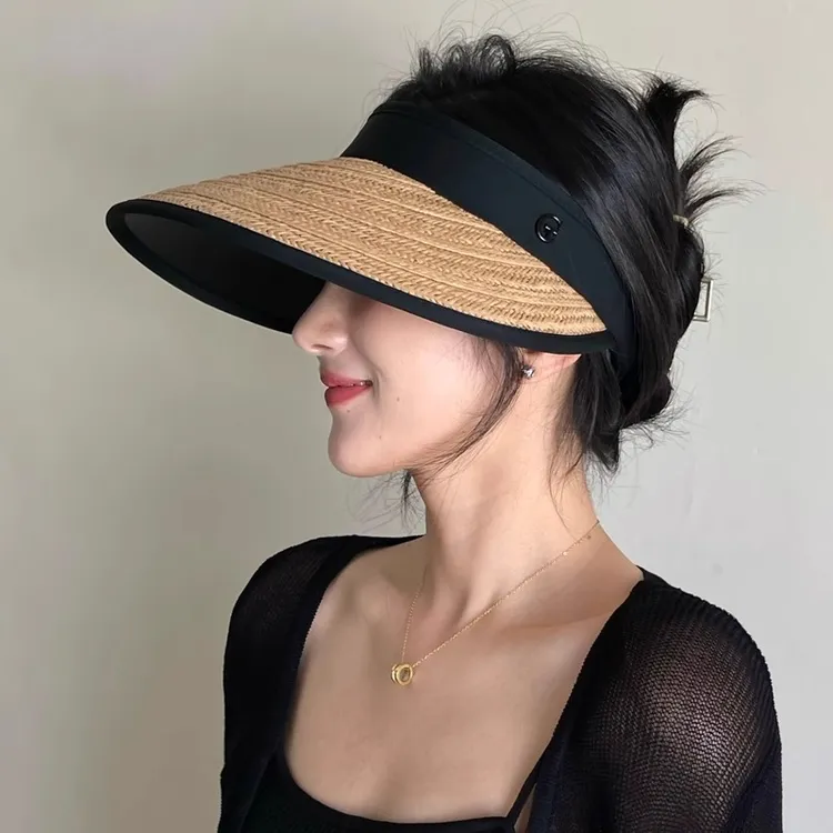 日系UV遮阳大檐草编空顶帽女夏季防紫外线骑行出游沙滩防晒太阳帽