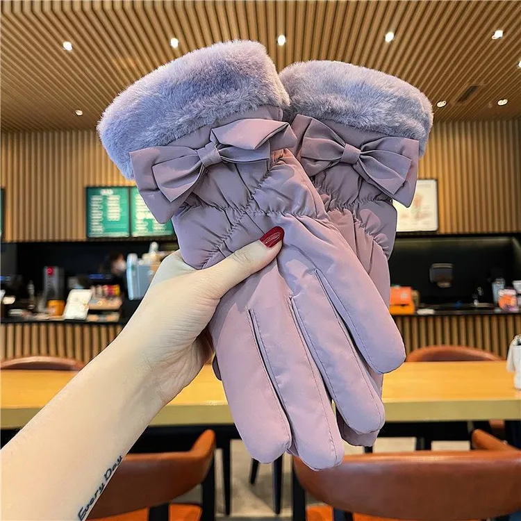 羽绒手套女冬季蝴蝶结全包分指加绒防风防寒滑雪五指保暖触屏骑车