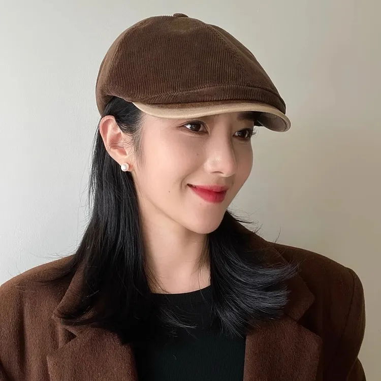 英伦风复古灯芯绒纯色简约前进帽子男女秋冬季贝雷帽百搭显脸小潮