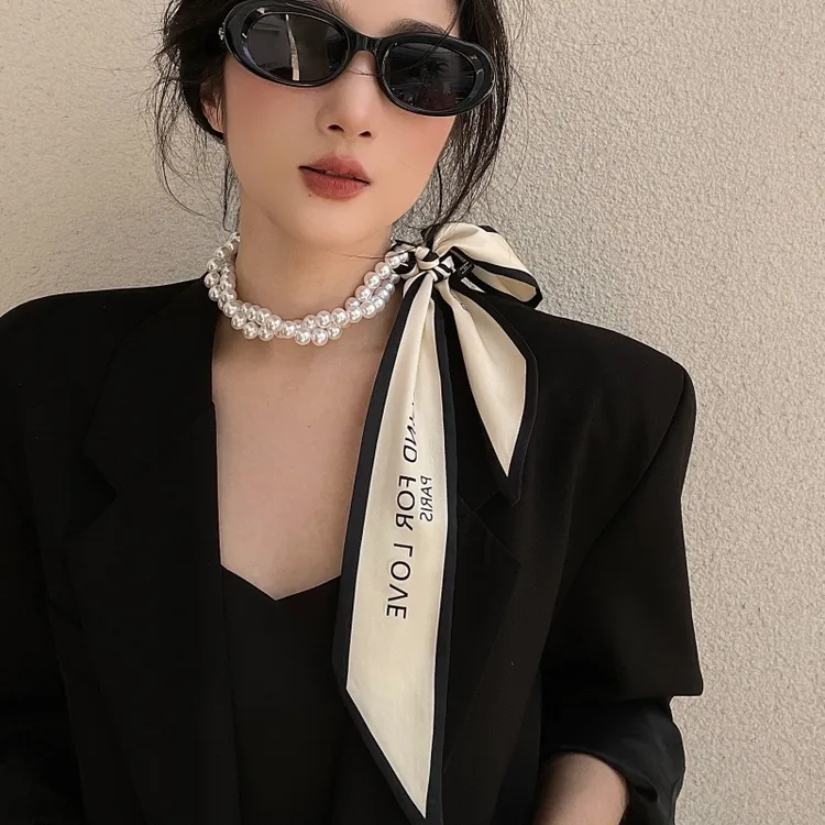 春夏珍珠丝巾护颈领巾气质高级感懒人小众锁骨链装饰女绑包丝带薄