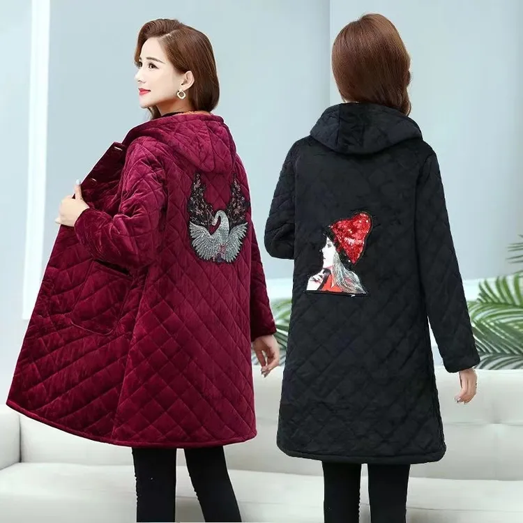 洋气冬季加绒加厚罩衣中老年妈妈棉衣女大码外套工作服中长款上衣