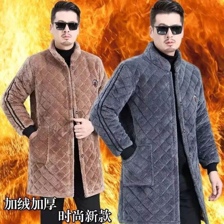 冬季加绒加厚男装棉衣保暖罩衣外套宽松大尺码耐脏工作服夹棉中长
