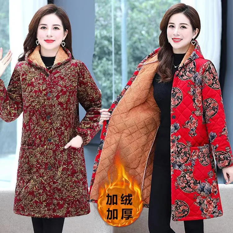 冬装新款女士棉衣加绒加厚罩衣中老年妈妈装工作服中长款保暖外套