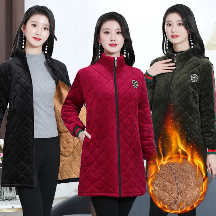 中长款拉链棉衣女加绒加厚罩衣家居服保暖棉袄秋冬防寒立领棉服