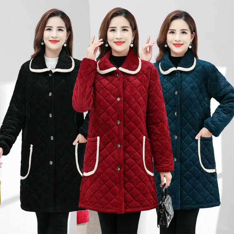 女装冬装加绒加厚棉服灯芯绒中长版保暖夹棉棉衣宽松大尺码罩衣