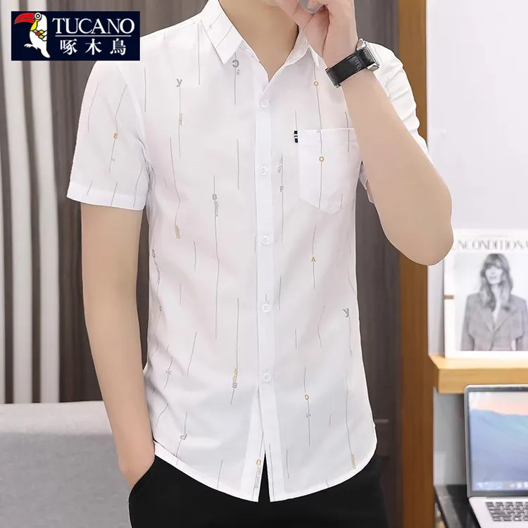 啄木鸟短袖衬衫男士夏季薄款韩版休闲修身衬衣男潮流百搭印花寸衫