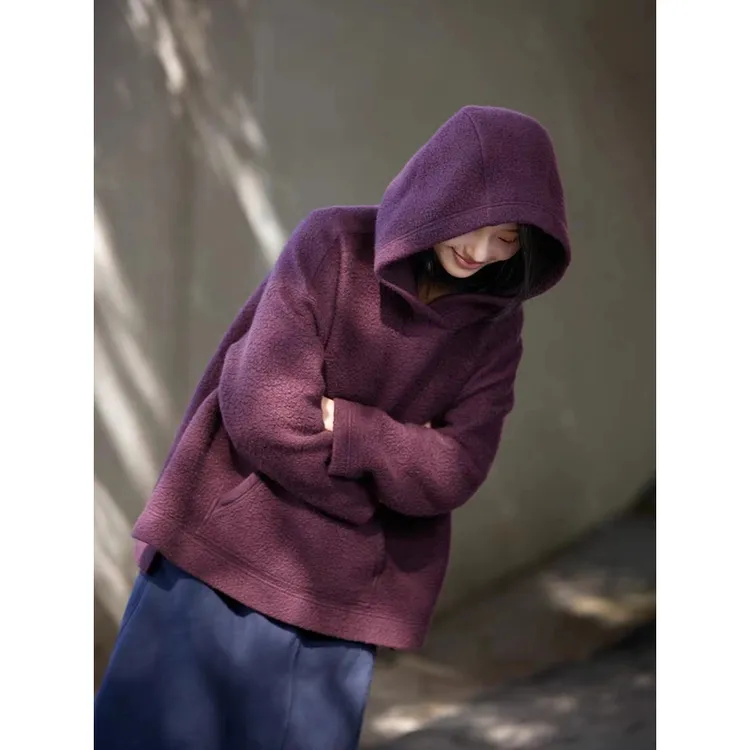 秋冬款西梅紫摇粒绒休闲时尚百搭女士加厚连帽卫衣10105