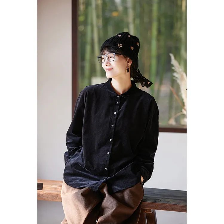 高端经典冬款守成墨棉保暖翻领复古宽松文艺休闲平绒衬衫24209