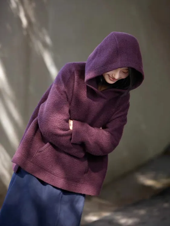 【和煦】秋冬款西梅紫摇粒绒休闲时尚百搭女士加厚连帽卫衣10105