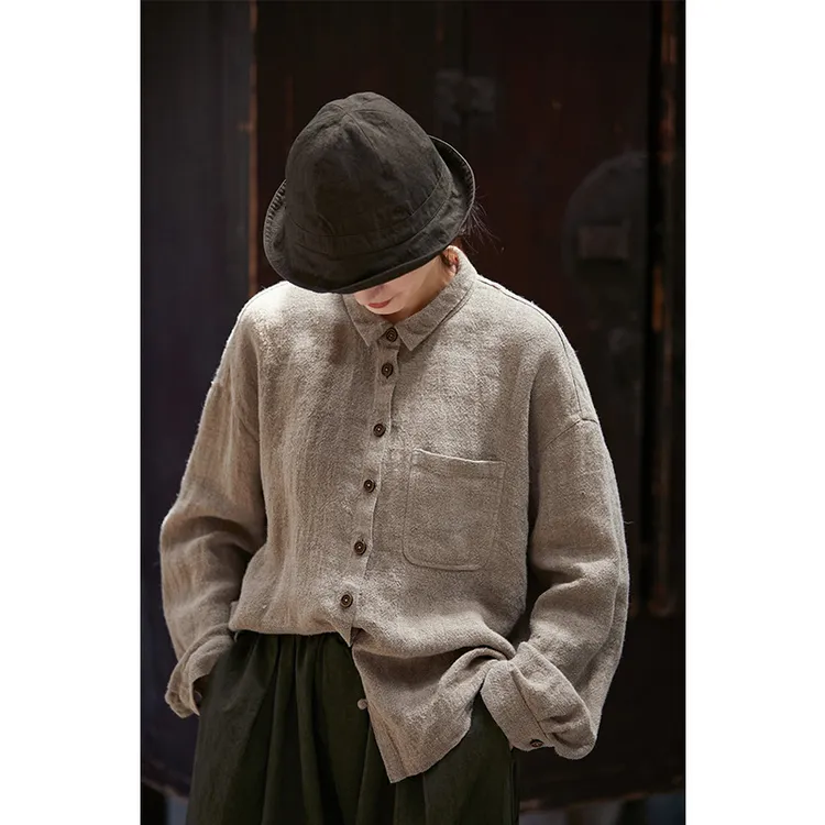 秋款侘寂草木麻雨露麻稀有纺纱工艺宽松衬衫24178