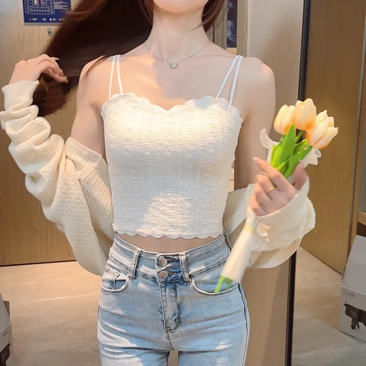 大码背心吊带带胸垫一体式裹胸美背百搭内衣内搭打底修身白色透气