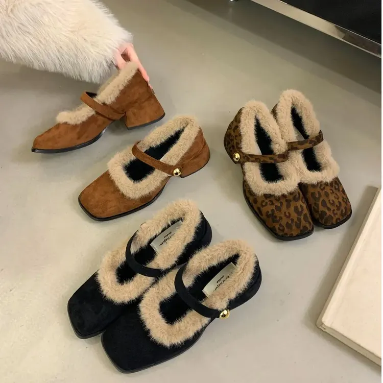 粗跟法式小香风毛毛拖鞋女鞋子2024新款秋冬季包头半拖鞋加绒棉鞋