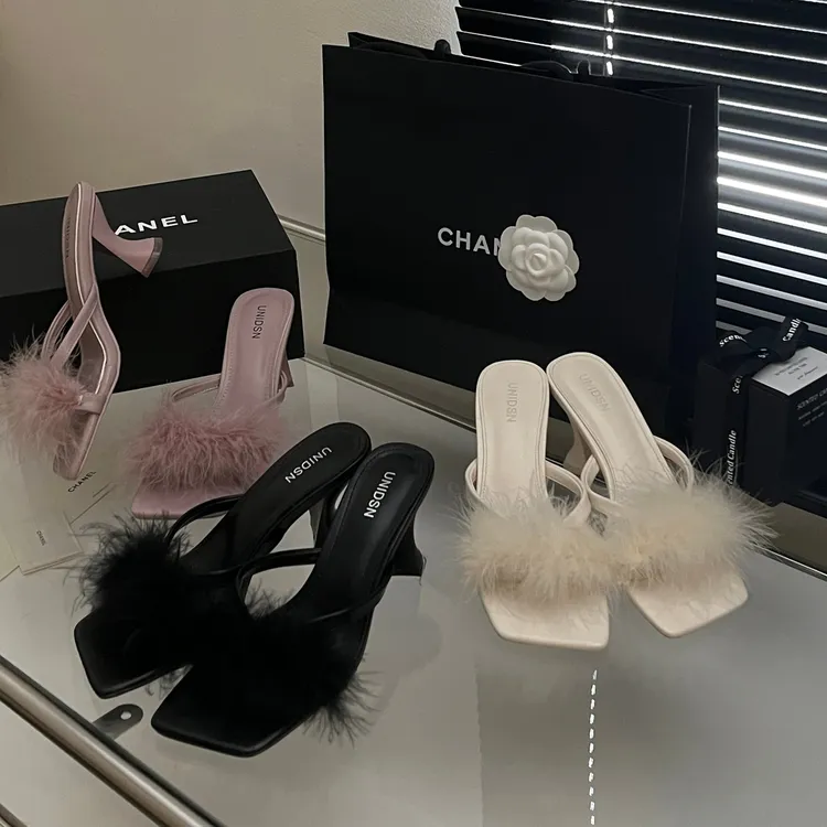 百搭好看法式高跟鞋毛毛拖鞋女鞋外穿新款夏季仙女风黑色凉拖凉鞋