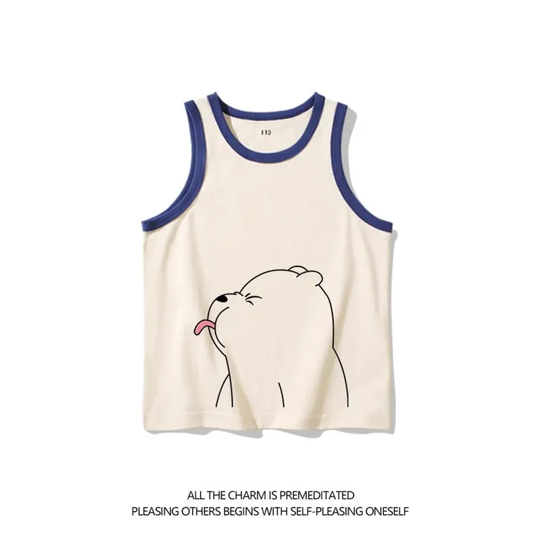 搞笑趣味吐舌头小熊儿童无袖t恤男童女童夏季纯棉背心女孩打底衫