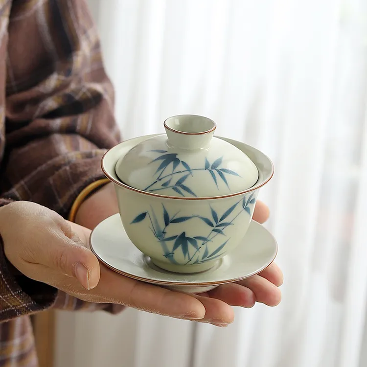 手绘秘黄汝窑三才盖碗防烫泡茶家用高档陶瓷茶杯功夫茶具单个茶碗