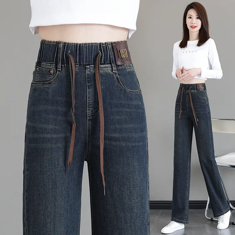 2025春季新款牛仔裤松紧腰直筒裤洋气百搭显瘦高腰大码时尚休闲