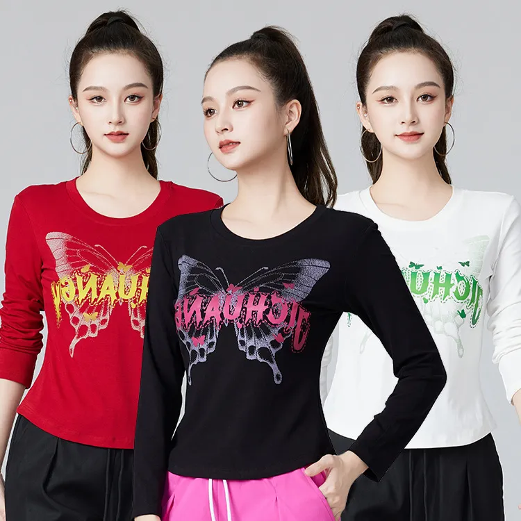 广场舞印花上衣春秋新款长袖显瘦休闲百搭时尚运动圆领修身T恤女