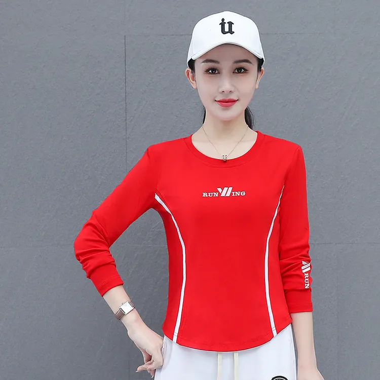 秋冬广场舞长袖T恤短款螺纹棉高弹时尚健身跑步跳舞专业运动上衣