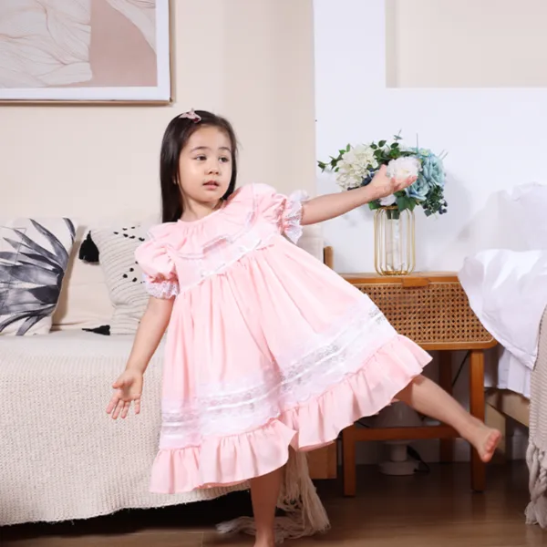 今秋好礼JannyBB原创粉色＋白花边风铃传家宝女童连衣裙