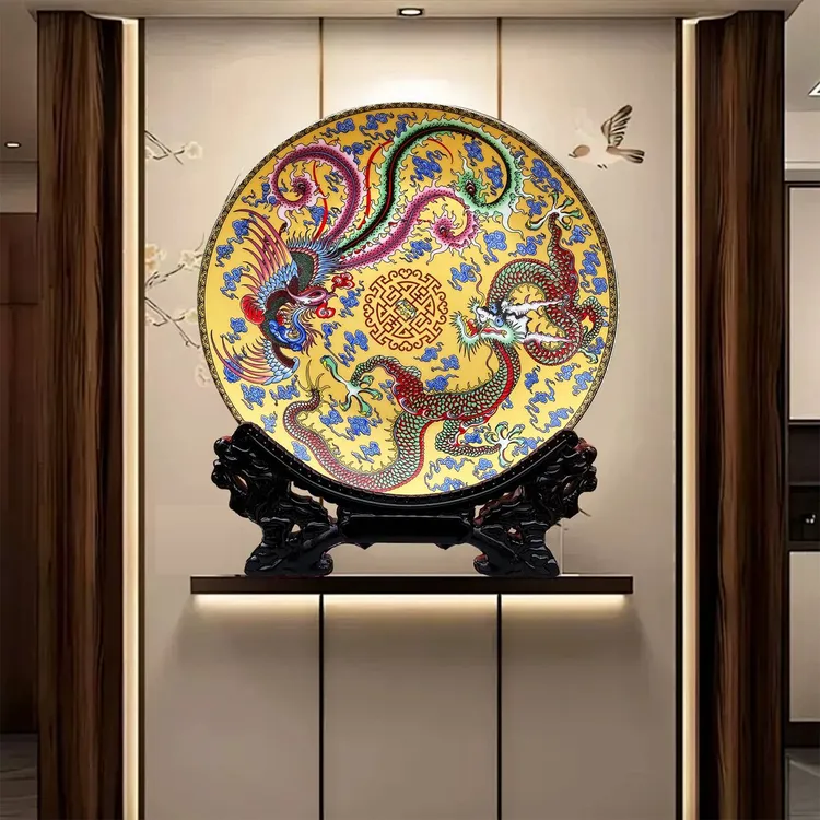 陶瓷器龙凤呈祥赏盘摆件景德镇挂盘龙盘玄关茶室博古架龙图案摆设