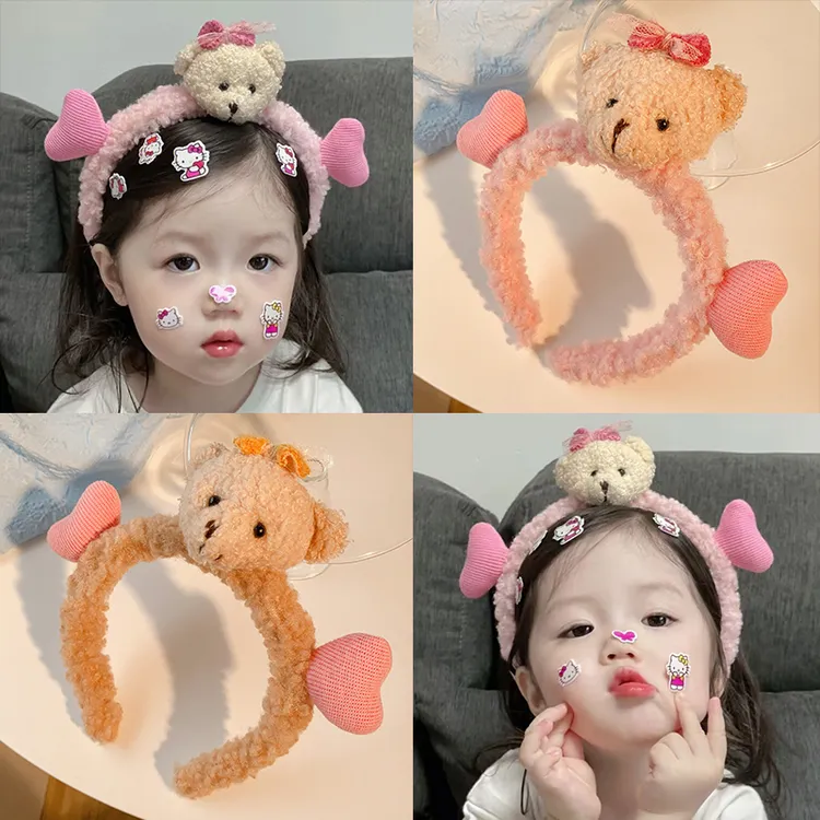 秋冬儿童卡通毛绒脸发箍女孩宝宝可爱熊发卡不伤发压发头箍发饰