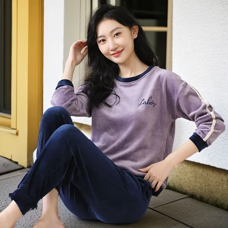 韩版珊瑚绒睡衣女秋冬季薄款可外穿加绒套装春秋海岛绒加厚家居服