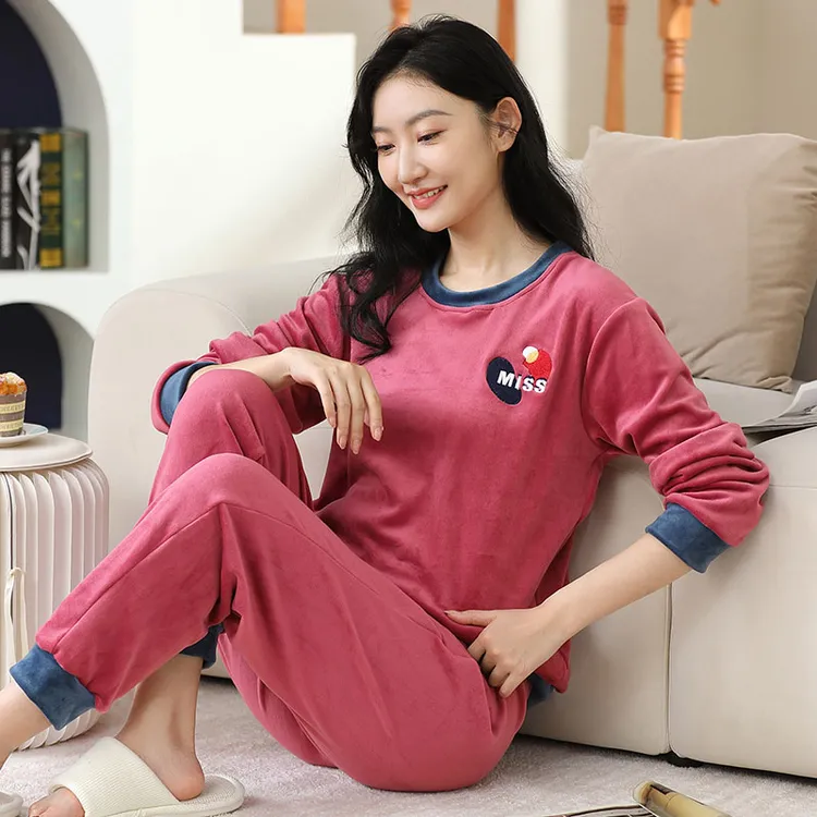 韩版珊瑚绒睡衣女秋冬季薄款带胸垫加绒套装春秋海岛绒加厚家居服