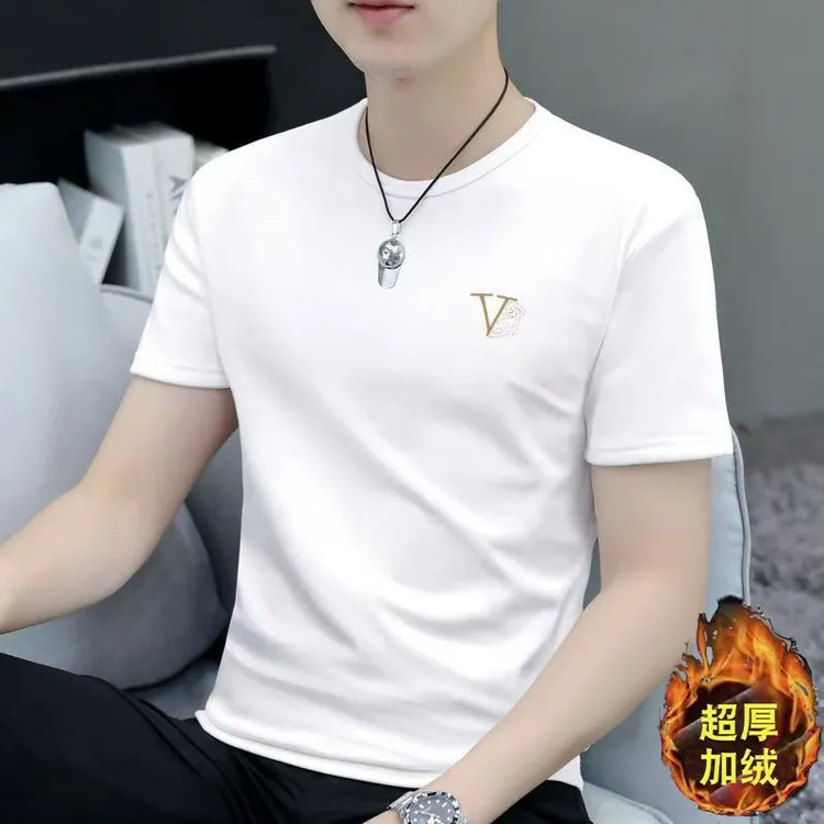 秋冬季新款加绒短袖男士t恤圆领印花百搭加厚保暖秋衣棉半袖潮流