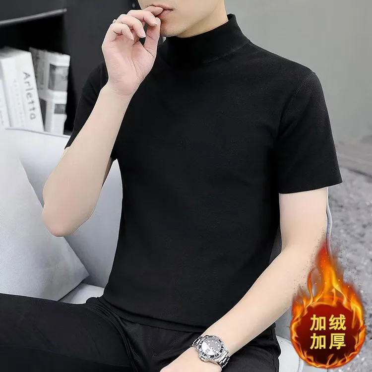 冬天保暖半高领短袖男士T恤修身加绒加厚中领半袖打底衫体恤上衣