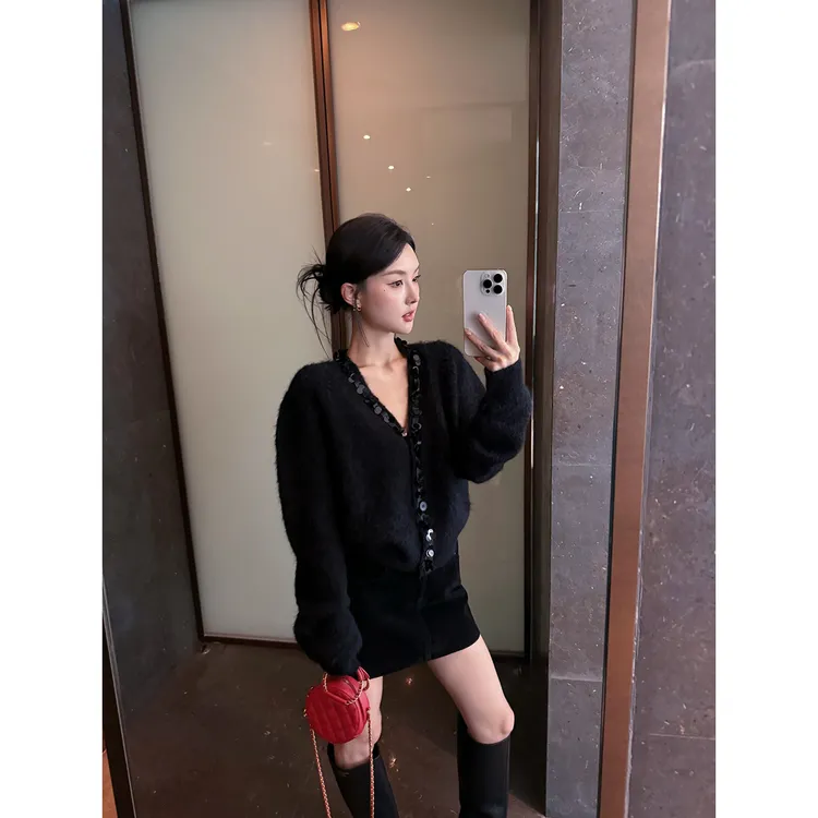 FORNI  重工珠片 绵羊毛马海毛开衫外套气质长袖时尚设计师