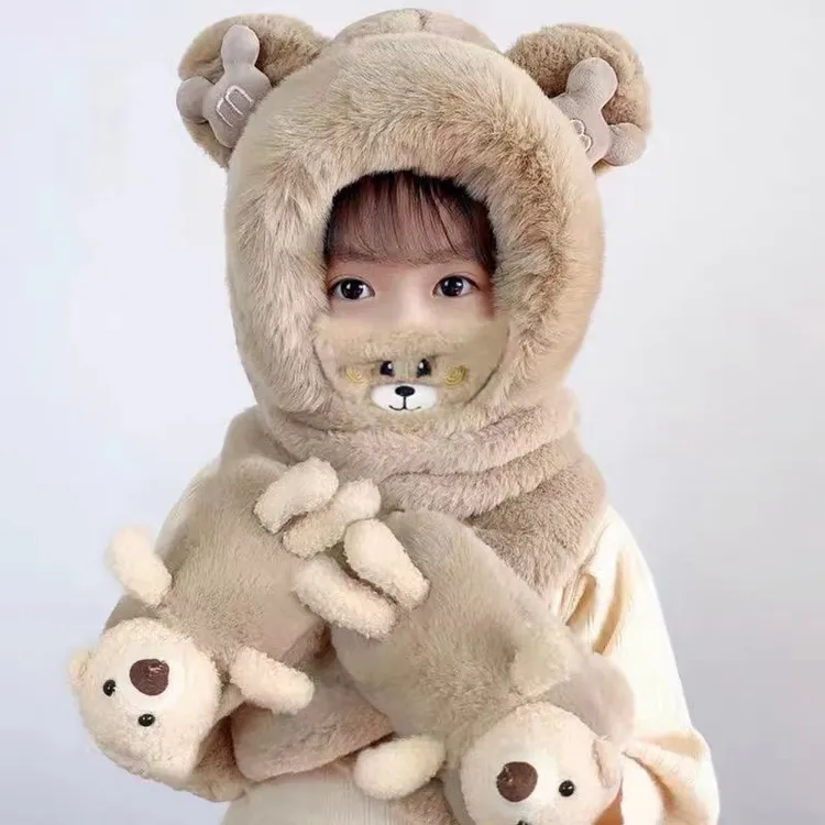 儿童帽子围巾手套三件套冬季加绒加厚女童一体帽男大童保暖防风帽