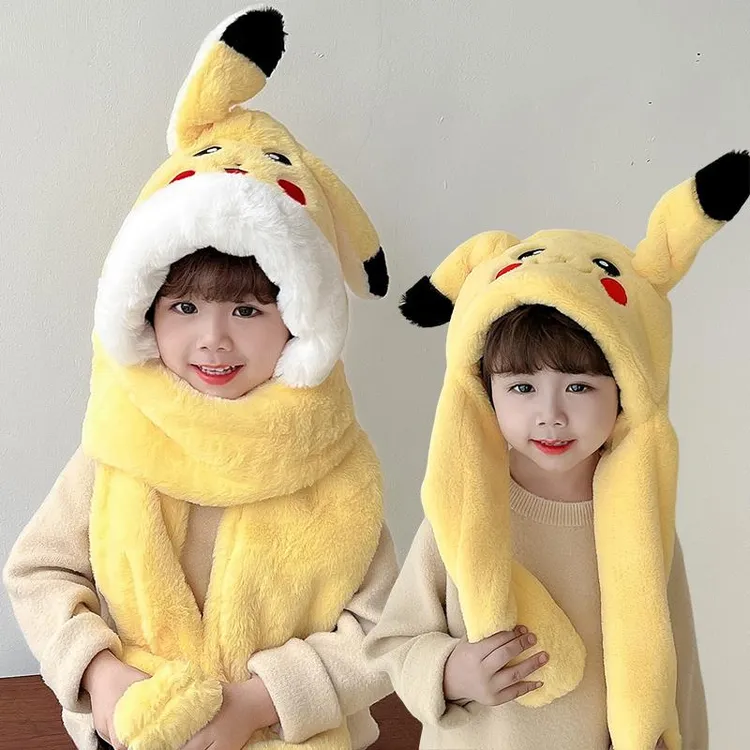 儿童保暖帽子围巾一体冬季耳朵会动三件套男女童加绒加厚冬连体帽