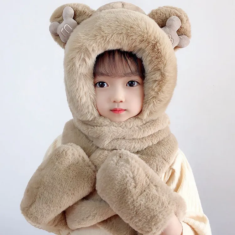 儿童帽子围巾手套三件套冬季加绒加厚女童一体帽男大童保暖防风帽