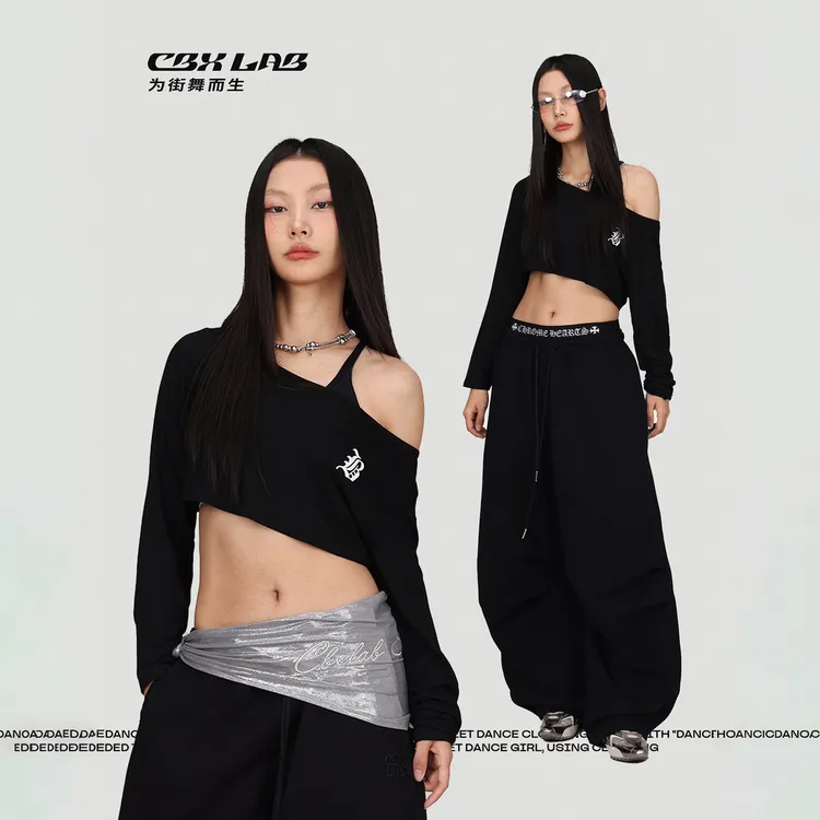 CBXLAB街舞潮牌黑色慵懒初秋高弹长袖女薄款透气爵士上衣嘻哈罩衫