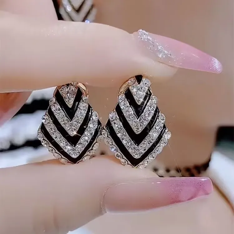 925银针耳环 休闲百搭时尚轻奢黑白菱形条纹气质款57号
