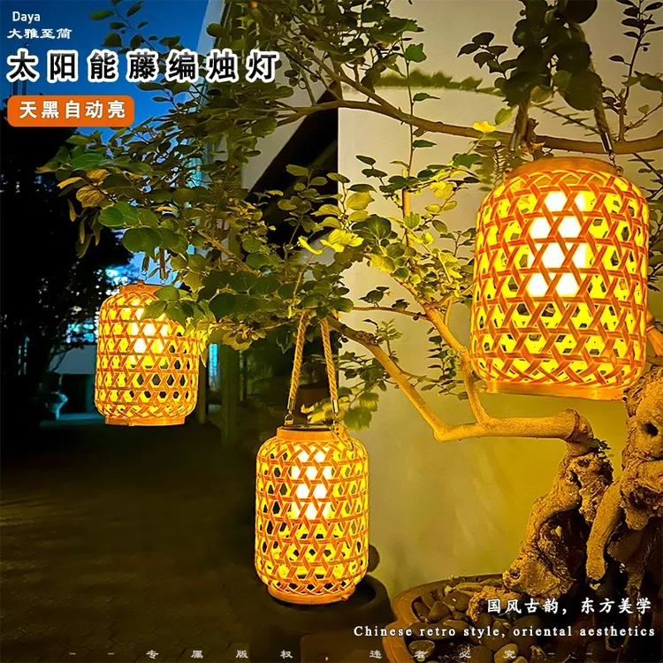 仿藤编麻绳太阳能灯笼网红热销阳台花园复古户外庭院户外氛围桌灯