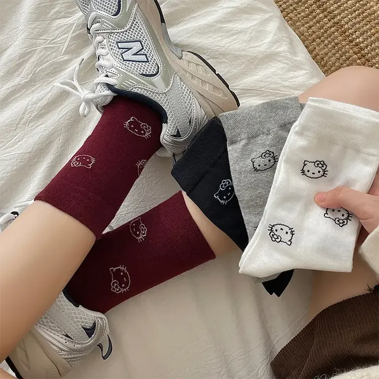 春秋可爱猫袜子女韩版百搭纯色中筒袜ins秋冬潮日系卡通学生长袜