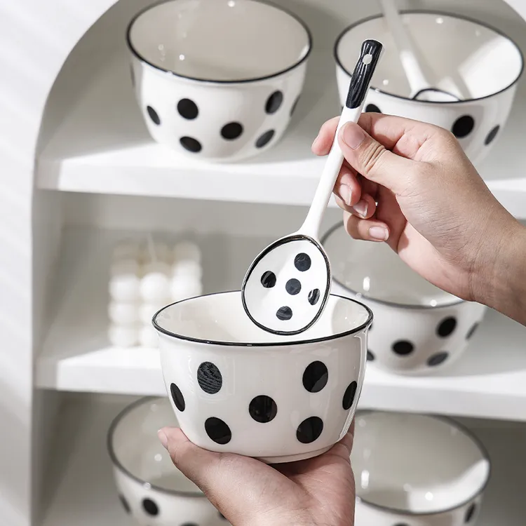 黑色波点韩式高颜值风陶瓷饭碗家用ins北欧风餐具碗碟盘组合套装