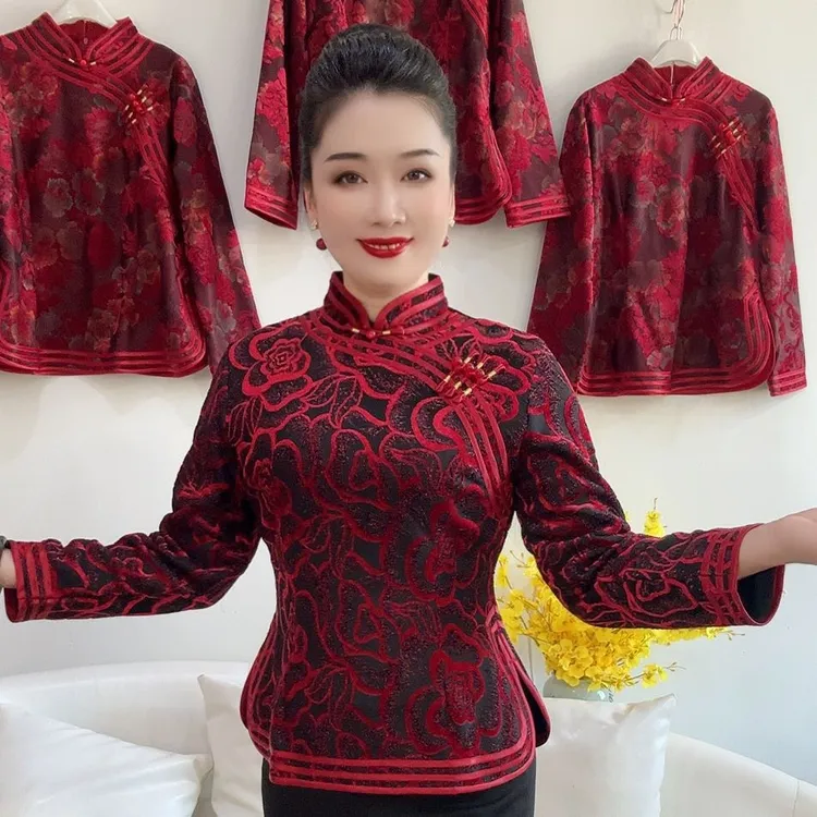 秋冬新款加绒保暖复古盘扣旗袍上衣中老年妈妈时尚洋气民族风上衣