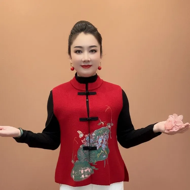 民族唐装中老年新款妈妈复古盘扣春秋印花背心马甲洋气外套坎肩