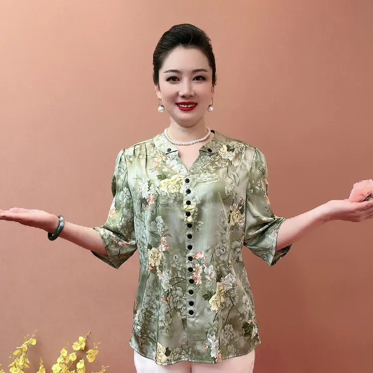 时尚休闲2024新款妈妈七分洋气套头衬衫夏装宽松上衣