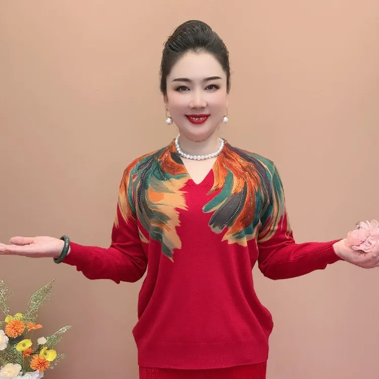 中年妈妈针织衫秋冬新款针织洋气中老年印花宽松毛衣打底套头衫