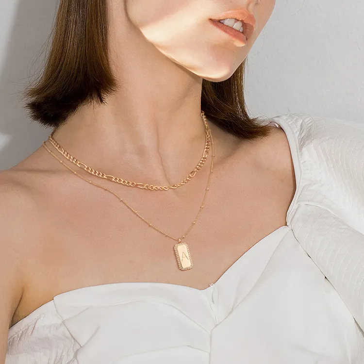 fettero 铜合金项链 【双层方牌字母项链】高定设计叠戴轻奢饰品