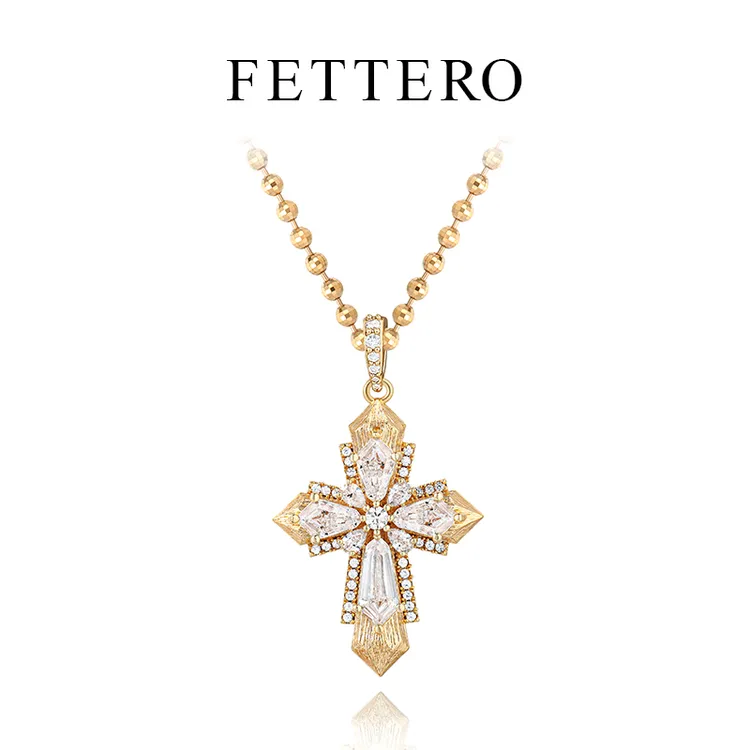 fettero 铜合金项链 【金色钻边双冰晶十字架项链】轻奢小众镶钻
