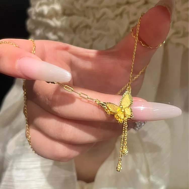 OULLEN 钛钢项链 轻奢小众镜花蝶梦项链百搭金色气质女士亮面吊坠