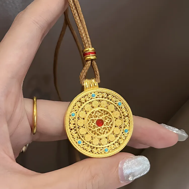 铜合金布艺项链 国潮新中式五福如意八宝罗盘项链复古设计感饰品