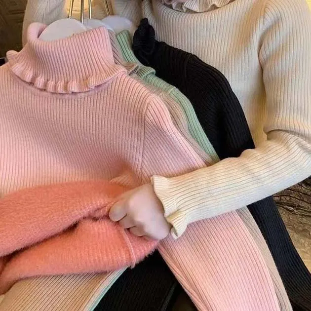 女童加绒毛衣一体绒高领打底衫冬装2025新款洋气儿童纯色针织上衣